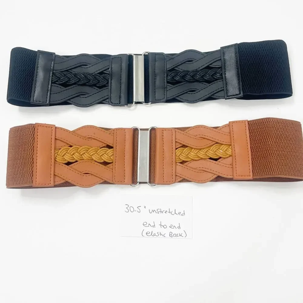 2/$30 New Elastic Wide Waist Belt Braided Camel Brown Caramel Tan
